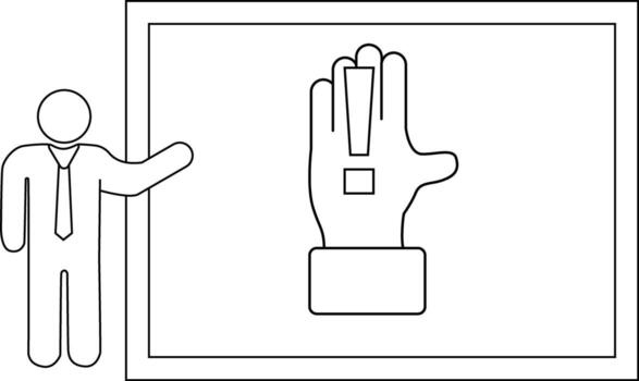 A presenter stands by a board with a raised hand graphic with an exclamation point vector