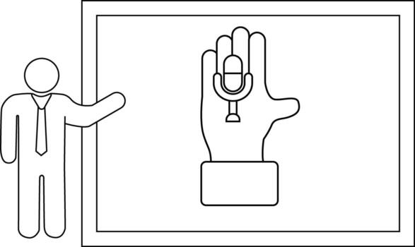 A stick figure points at a presentation board with a hand holding a microphone vector