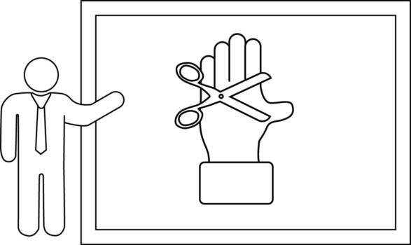 A stick figure presenting a drawing of a hand being cut by scissors in a frame vector