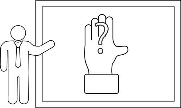 Drawing of a person gesturing to a presentation slide of a hand with a question mark in the palm vector