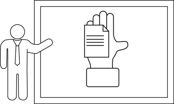Illustration of a figure presenting a document held in a hand within a framed presentation vector
