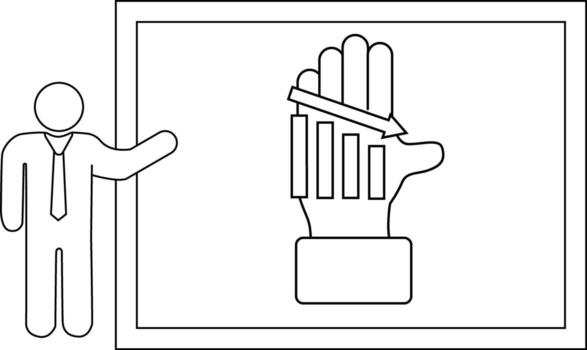 Outline drawing Figure presenting descending graph on hand graphic within frame vector