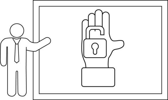 Man presents open lock on hand within frame vector