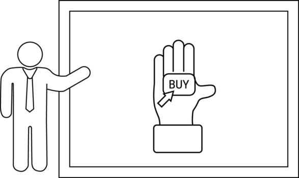 Stick figure presenter points to hand icon with BUY button on a board vector