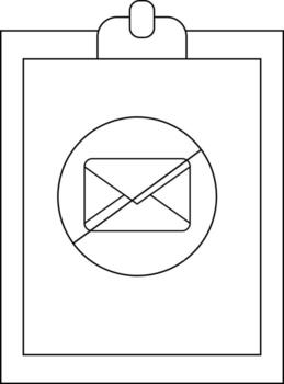 un portapapeles mostrando un No correo electrónico símbolo presentando un sobre con un diagonal línea mediante eso todas en negro y blanco vector