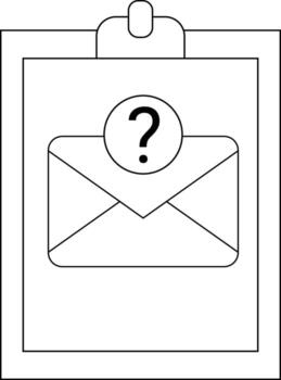 A black and white drawing of a clipboard email envelope and a question mark symbol vector