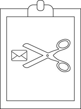 A clipboard holds a page showing scissors cutting an envelope vector