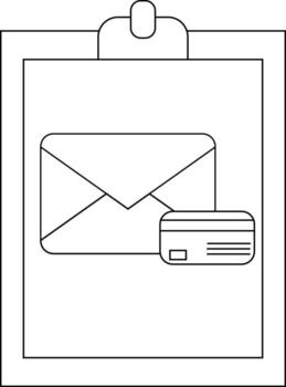 A clipboard holds an envelope with a credit card attached both rendered as simple outlines vector