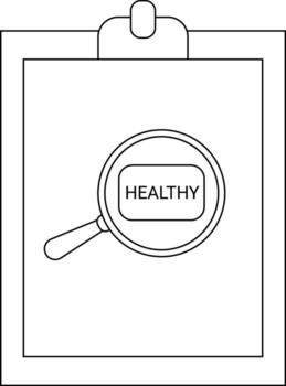 A clipboard with a magnifying glass focused on the word HEALTHY within a rectangular outline vector