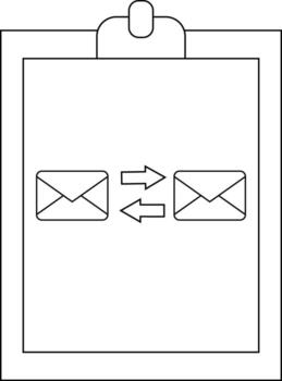 A clipboard with two envelopes and bidirectional arrows between them vector