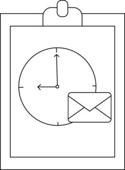 Clipboard with a clock showing 900 next to a rectangular email envelope with a triangular seal vector