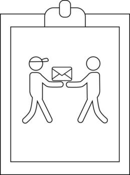 Outline drawing on clipboard shows person with cap handing envelope to another vector