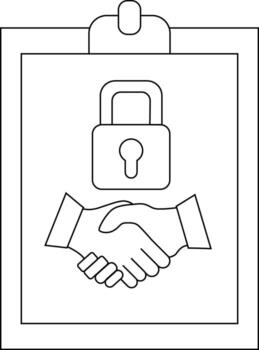 A document shows a padlock above a handshake The image has a simple linear design vector