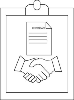 A document with CERTIFICATE text on a clipboard above a handshake vector