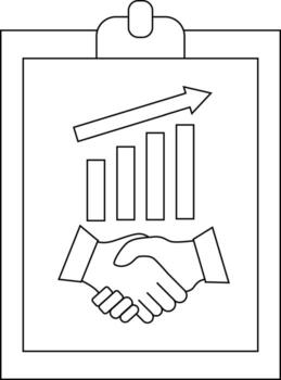 Clipboard art showing a handshake bar chart rising arrow simple line drawing vector