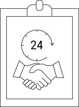 Clipboard with 24 inside a clock above a handshake drawing vector