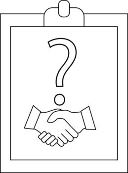 Clipboard with a question mark above a handshake vector