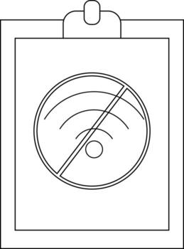 A clipboard displays a no wifi symbol a circle bisected with radio wave arcs and a diagonal line vector