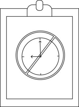 A clipboard displays a round clock face with hands pointing to 12 and 9 crossed by a diagonal line vector