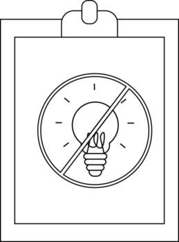 A clipboard holds a no light bulb sign featuring a crossedout light bulb within a circle vector