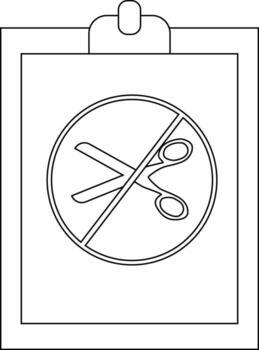 un firmar en un portapapeles muestra un circulo con un línea mediante un par de tijeras indicando No corte vector