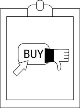 A clipboard displays a BUY button being clicked with a thumbs down indicating negative purchase intent vector