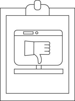 A thumbsdown symbol on a computer screen set within a clipboard Simple line art vector