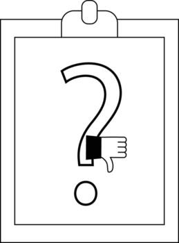Clipboard with a question mark a thumbsdown gesture emerging from it vector