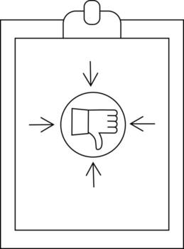 Clipboard with a thumbsdown icon pointing inward via arrows vector