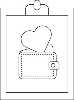 A clipboard holds a drawing of a wallet with a heart sticking out vector