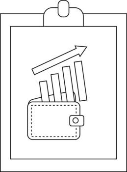 A clipboard shows a wallet overlaid with a rising bar graph and an upwardpointing arrow vector