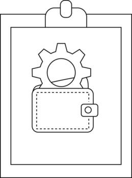 Clipboard with a gear partially inside a wallet The wallet has a button closure vector