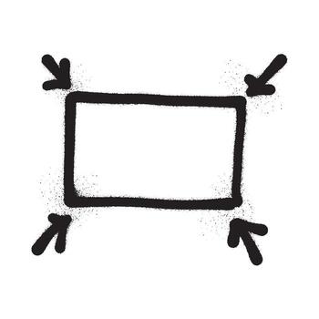 A black spray-painted rectangle with four inward-pointing arrows, suggesting a concept of focus, compression, or reduction. vector