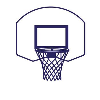 Simple blue outline illustration of a basketball hoop with net and backboard vector