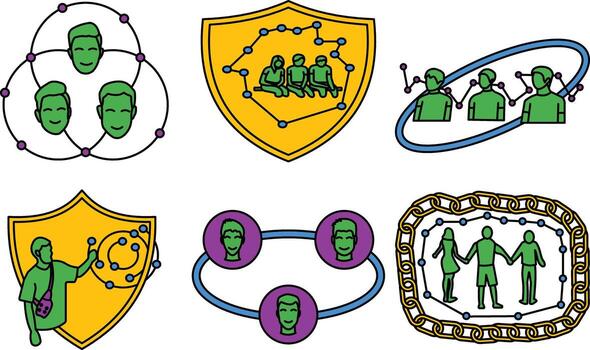 Health Resilience Icon Set featuring Data Shield, Network Safety, and Community Health Monitoring vector