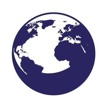 Simple earth globe illustration showing continents and oceans in a deep blue color scheme vector