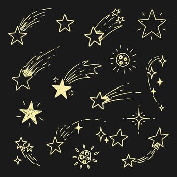 Hand drawn cosmic star doodle set with sparkling lines and simple celestial space objects vector