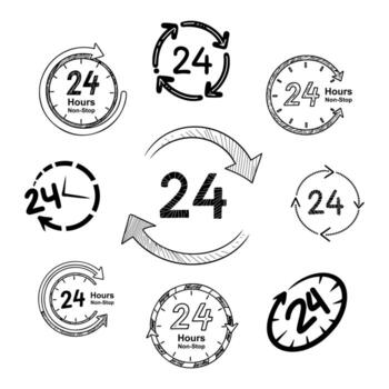 mano dibujado 24 horas sin escalas Servicio icono y reloj bosquejo conjunto vector