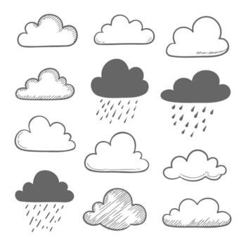 dibujado a mano garabatear bosquejo nubes y gotas de lluvia conjunto para clima pronóstico diseño vector