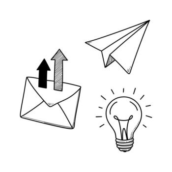 Hand drawn doodle set of paper plane envelope and light bulb for communication and idea concept vector