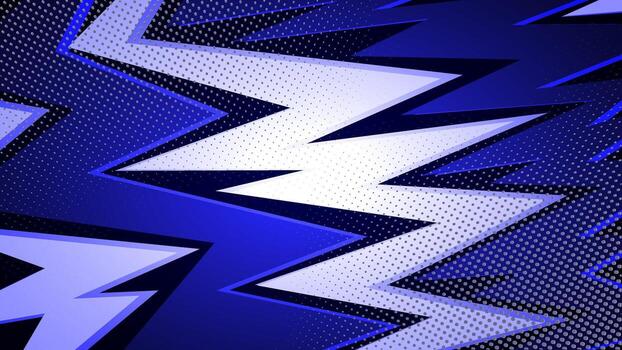 Dynamic blue comic-style background featuring bold zigzag lightning shape with halftone dots, sharp angle, and high-contrast motion. Ideal for superhero theme, action poster, manga template, game vector
