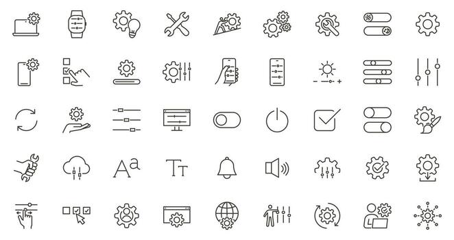 Settings, customization and setup thin line Icon Set. System and Device Adjustment graphic elements symbols. Options, configuration, gear illustrations vector
