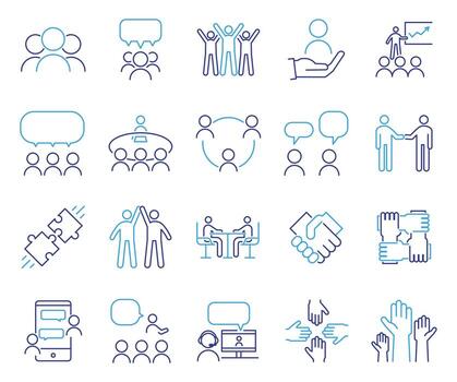 Team unity icon set. Thin line editable stroke icons for collaboration, group discussion, teamwork, communication, meeting, partnership, brainstorming, community support, and collective cooperation. vector