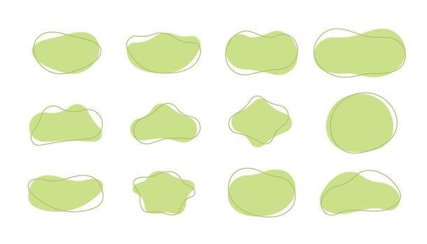 set of organic amoeba blob shapes abstract green doodle drops with outline circle illustration isolated. Irregular round blot graphic design elements vector