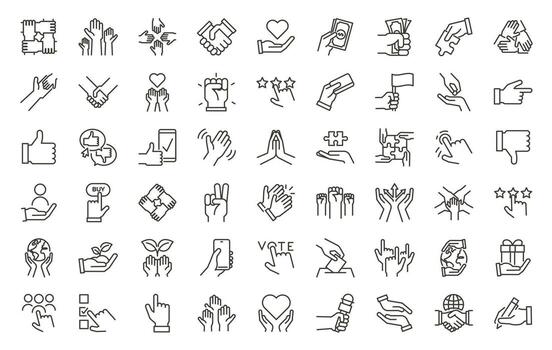Hand Gestures and Actions Icons Set. Thin Line Graphic Elements for Communication, Collaboration, Business, Partnerships, Teamwork, Inclusion vector