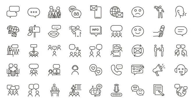 Communication, speaking and talking editable thin line icon set. People interacting, speech bubbles, social interactions, collaboration and multiple communication methods vector