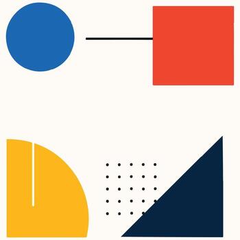 un minimalista resumen obra de arte presentando negrita geométrico formas incluso un azul círculo, rojo cuadrado, amarillo semicírculo, y Armada triángulo, conectado por Delgado negro líneas. vector