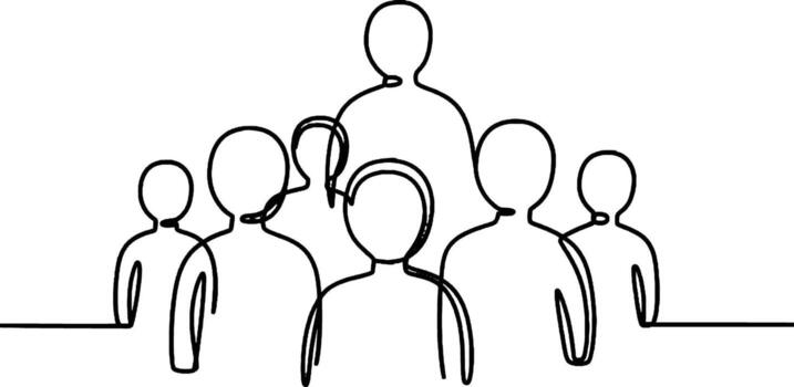 Community group minimalist one line drawing Group of people sketched in continuous line art symbolizing community teamwork leadership and inclusion vector