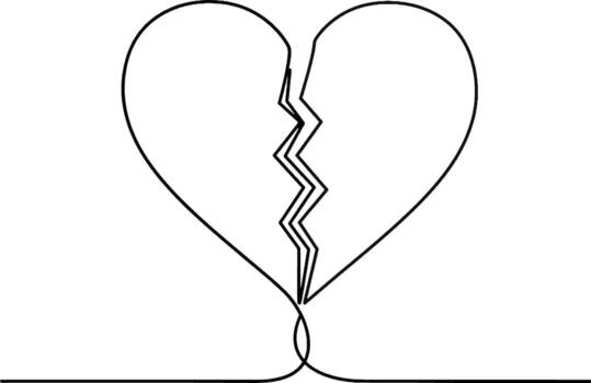 Heart Outline with Crack Minimal One Line Illustration Simple outlined heart split down the middle in continuous line style symbolic of separation or emotional hurt vector