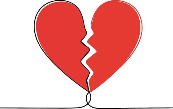 Broken Red Heart Illustration in Minimal Style Red broken heart cracked in a clean line art style ideal for heartbreak, emotional themes, and relationship visuals vector